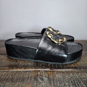 Tory Burch Double T Platform Slides Womens Size 7 M Sandals Black Gold